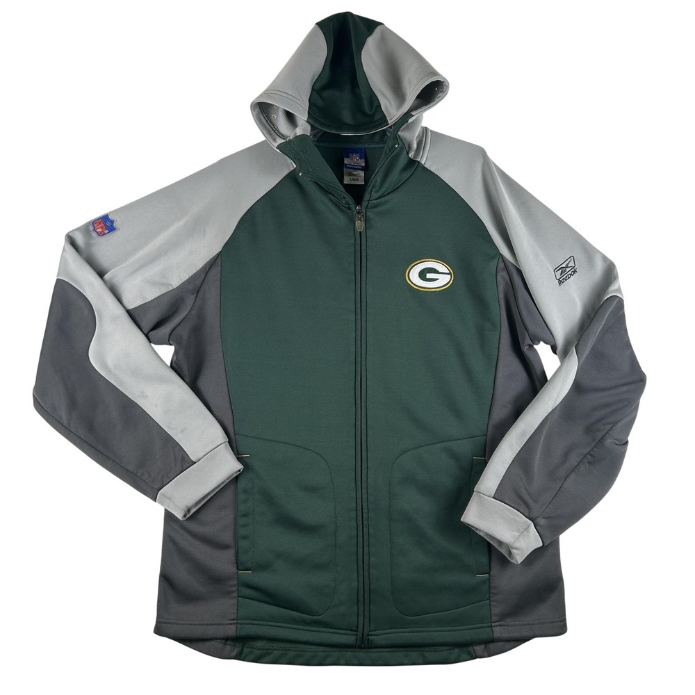 Green Bay Packers Jacket Mens Large Green Gray NFL Football Reebok Hooded Zip